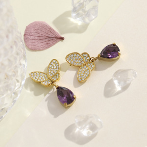 Boucles D'Oreilles Pendantes Romantiques En Acier Inoxydable, Imperméables, Couleur Or, Avec Papillon Et Cristaux. h5 Image3