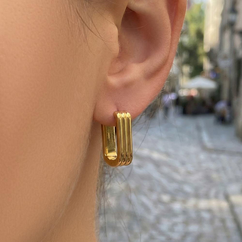 Boucles D'Oreilles Créoles Pour Femmes, En Acier Inoxydable, Imperméables, Couleur Or, À Rayures En Forme De U. h5Image4