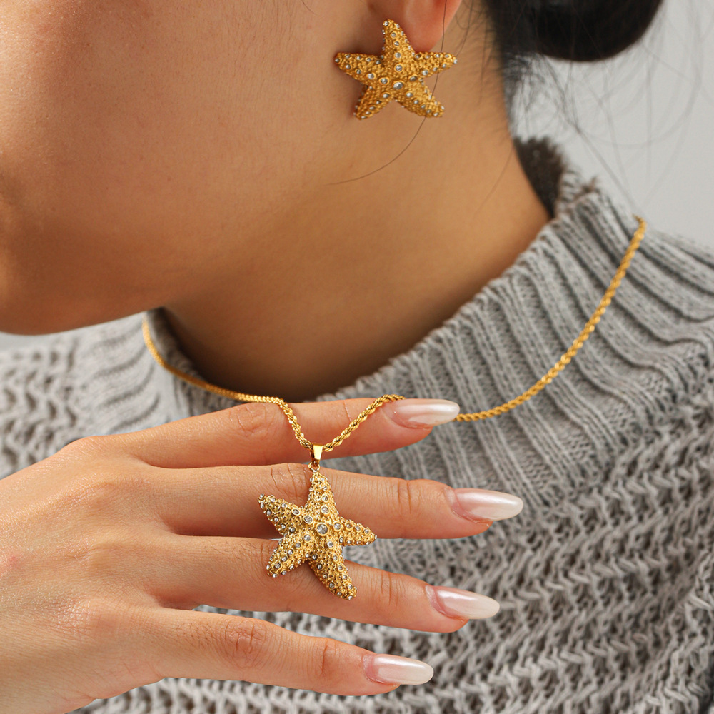 Ensemble De Colliers Pour Femmes En Acier Inoxydable, Imperméable, Couleur Or, Avec Zircon Et Motif Étoile De Mer Image4