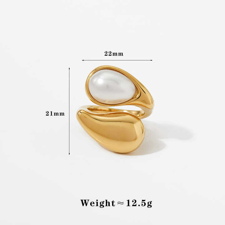 Bague Pour Femme En Acier Inoxydable De Forme Simple Et Irrégulière, Couleur Or, Avec Pierre Naturelle Et Perle. 