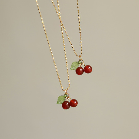 Colliers pendentifs pour femmes en acier titane et métal, motif cerise douce, collection romantique 2
