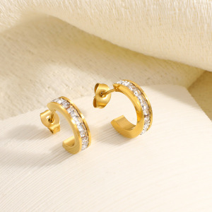 Boucles D'Oreilles Créoles Pour Femmes, En Acier Inoxydable Étanche, Couleur Or, Ornées De Zircon Et D'Un Motif Goutte Simple. h5 Image4