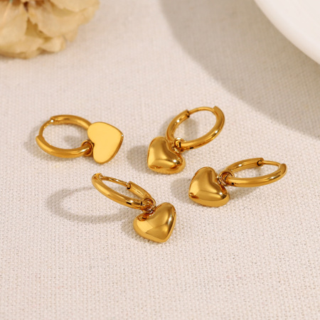 Boucles d'oreilles pendantes pour femme, en acier inoxydable doré, motif cœur simple 2