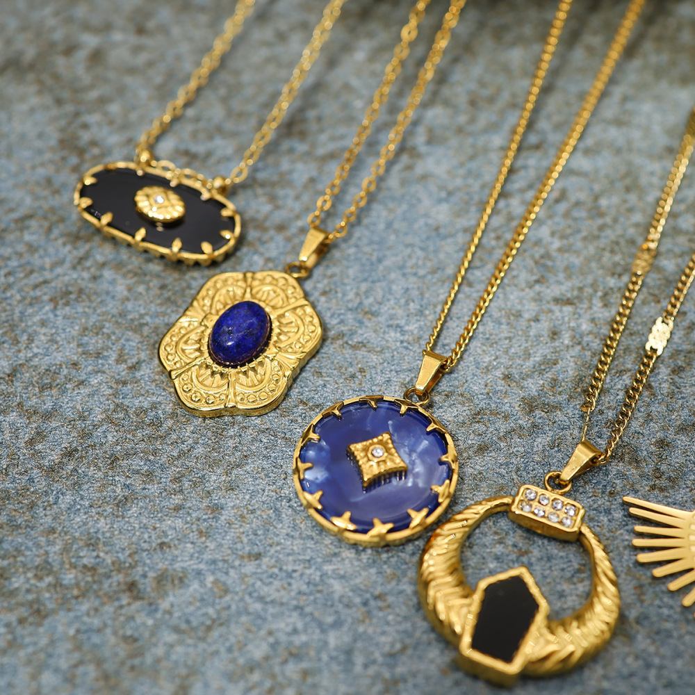 Colliers Pendentifs Pour Femmes En Forme De Soleil Rétro, En Acier Inoxydable, Étanches, Couleur Or Et Pierre Naturelle Image2