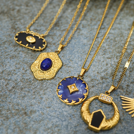 Colliers pendentifs pour femmes en forme de soleil rétro, en acier inoxydable, étanches, couleur or et pierre naturelle 2
