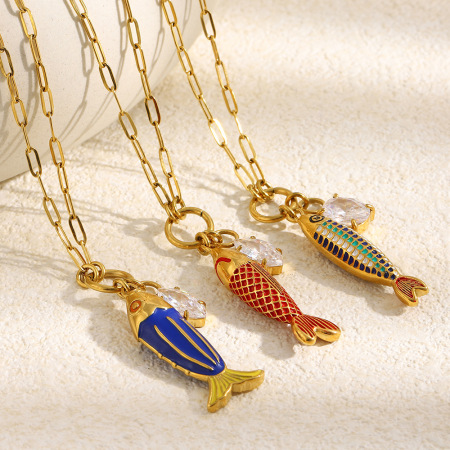 Colliers pendentifs pour femmes en acier inoxydable, couleur or, en forme de poisson émaillé, pour les vacances 2