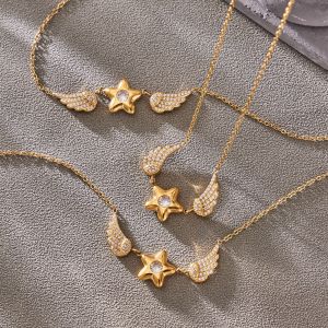 Colliers Pendentifs Pour Femmes Avec Pendentif Cœur Ange En Acier Inoxydable Étanche Couleur Or Et Strass h5 Image3