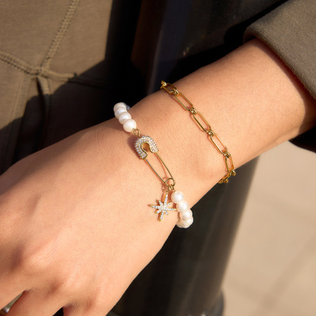 Bracelet classique en perles de nacre et étoile, en acier inoxydable, étanche, couleur or, pour femme 2