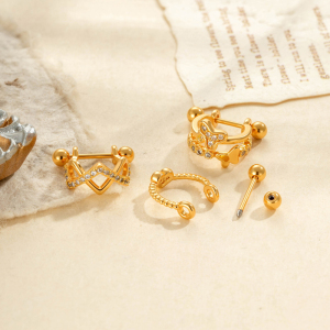 Boucles D'Oreilles Piercing Femme, Forme Papillon Cœur Simple, Couleur Cuivre Doré, Zircon. h5 Image3