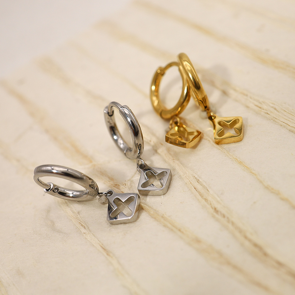 Boucles D'Oreilles Pendantes Pour Femme, En Acier Inoxydable, Couleur Or, Avec Croix Simple. Image3