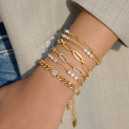 Bracelet chaîne simple en acier inoxydable étanche couleur or avec zircon pour femme