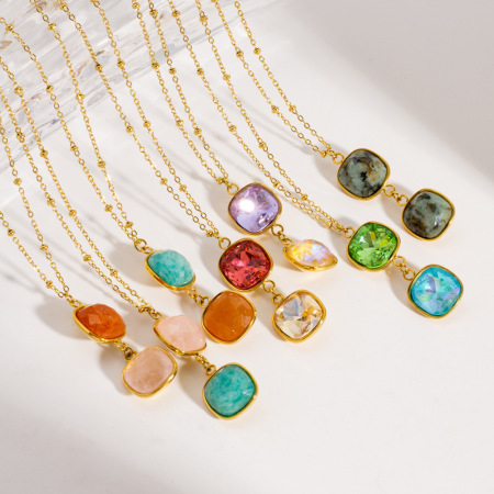 Colliers pendentifs pour femmes, style rétro simple, rectangulaires, en pierres naturelles de couleur or