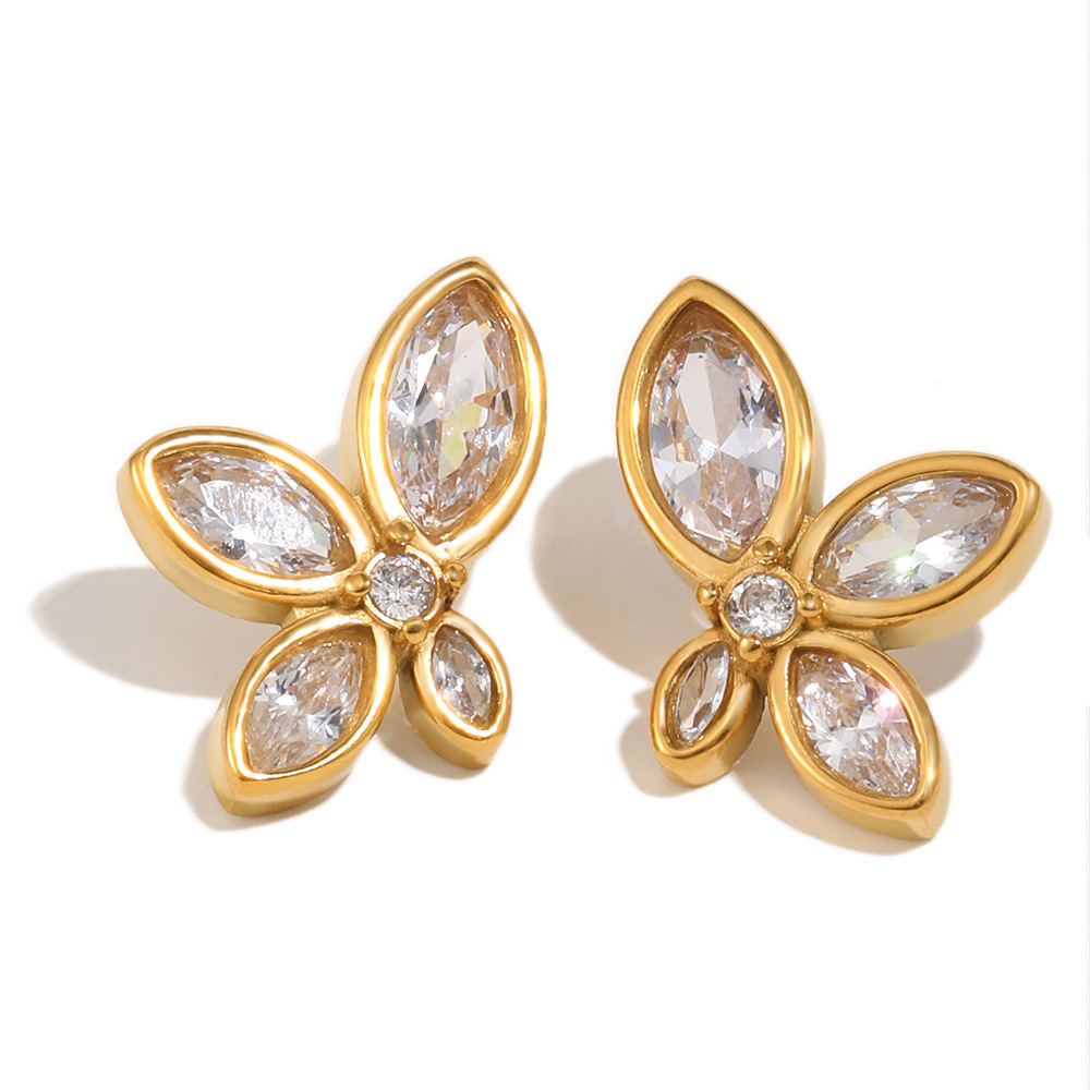 Boucles D'Oreilles Puces Pour Femmes En Acier Inoxydable, Forme De Fleur, Couleur Or, Étanches, Avec Zircon. 