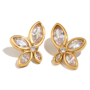 Boucles D'Oreilles Puces Pour Femmes En Acier Inoxydable, Forme De Fleur, Couleur Or, Étanches, Avec Zircon. h5 