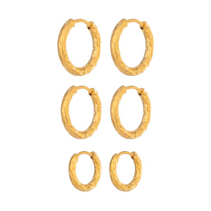 Boucles D'Oreilles Créoles Pour Femmes En Acier Inoxydable Imperméable, Motif Martelé Circulaire Simple, Couleur Or h5 Image5