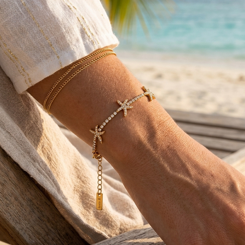 Bracelet Chaîne Femme En Acier Inoxydable, Imperméable, Couleur Or, Avec Zircon Et Motif Étoile De Mer Image3