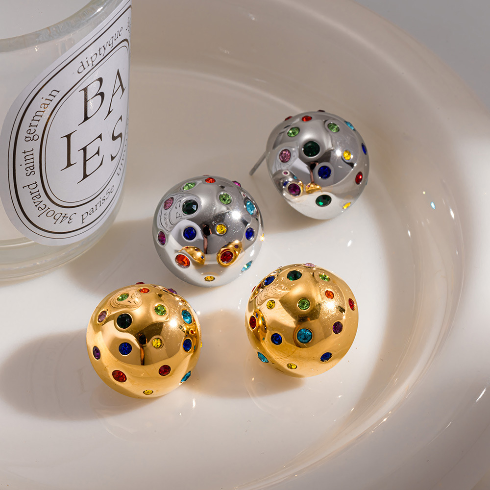 Boucles D'Oreilles Puces Pour Femmes Simple Series Daily Polka Dots En Acier Inoxydable Étanche Couleur Or Et Zircon Image4