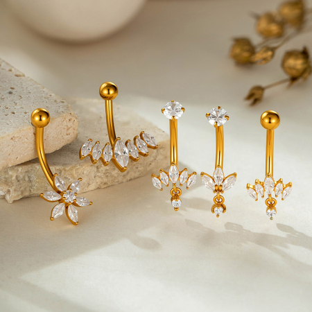 Piercing nombril en acier inoxydable étanche couleur or avec zircon et motif floral