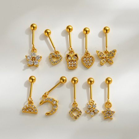 Boucles d'oreilles piercing femme Simple Moon en cuivre doré et zircon