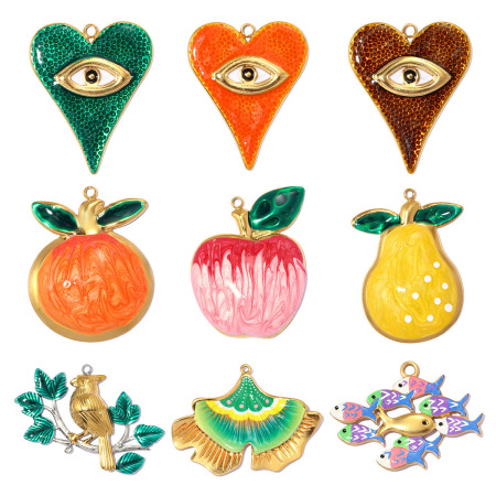 Pendentifs pour femmes de la série Luxueuse DIY, motif œil du diable, fruit, feuille, poisson, en acier inoxydable étanche couleur or