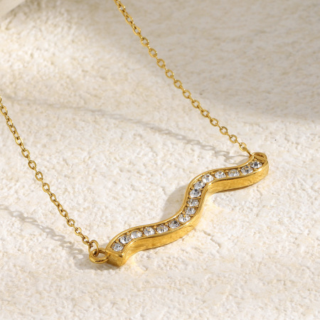 Colliers pendentifs pour femmes en acier inoxydable, étanches, couleur or, avec strass, forme ondulée simple 2
