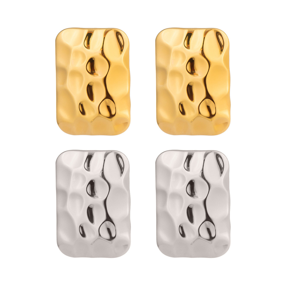 Boucles D'Oreilles Puces Pour Femmes, Collection Simple Series Daily, En Acier Inoxydable Imperméable, Couleur Or, Motif Martelé. Image5