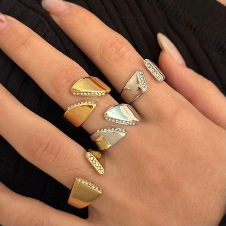 Bagues tendance en acier inoxydable doré, imperméables, de forme géométrique simple et ornées de strass