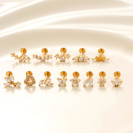 Boucles d'oreilles piercing pour femme, luxueuses, simples, en forme de cœur et de fleur, en acier inoxydable étanche, couleur or et zircon. 2