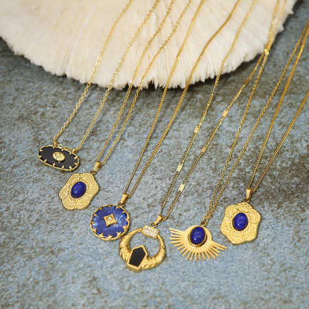 Colliers pendentifs pour femmes en forme de soleil rétro, en acier inoxydable, étanches, couleur or et pierre naturelle
