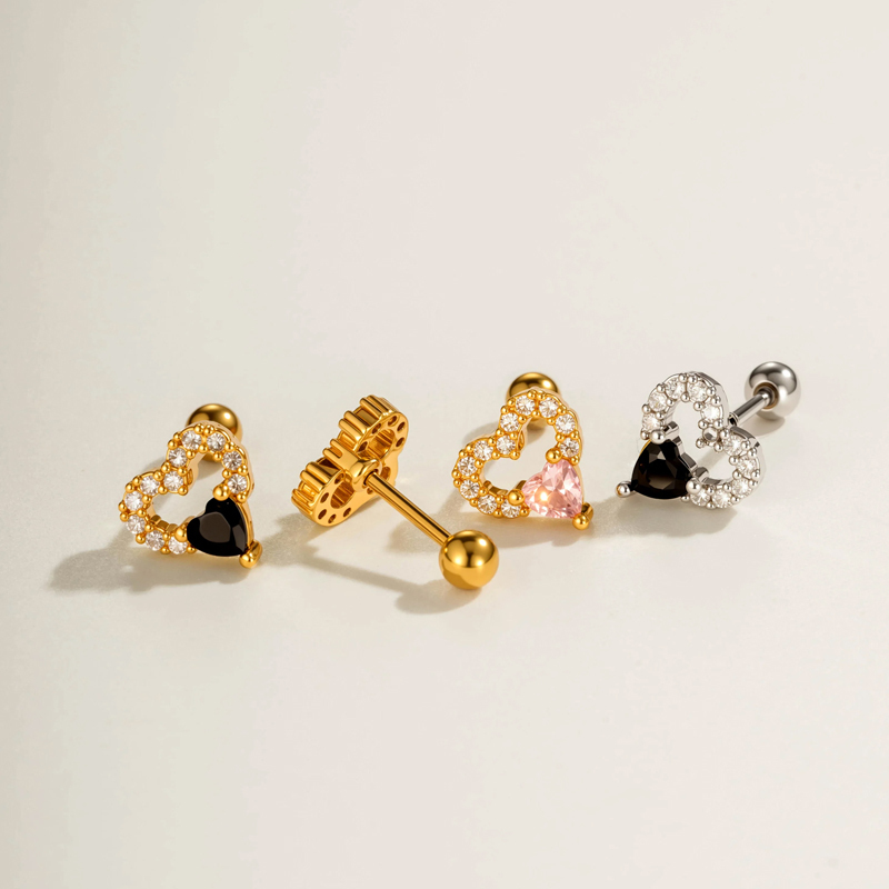 Boucles D'Oreilles Piercing Femme En Forme De Cœur, Couleur Cuivre Doré, Avec Zircon. h5Image4
