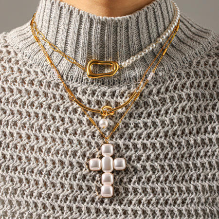 Colliers pendentifs pour femmes en forme de croix, en acier inoxydable étanche, couleur or et perle