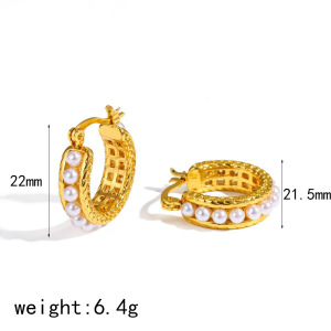 Boucles D'Oreilles Créoles Pour Femmes, Forme Géométrique, En Acier Inoxydable, Étanches, Couleur Or, Avec Perles Artificielles. h5