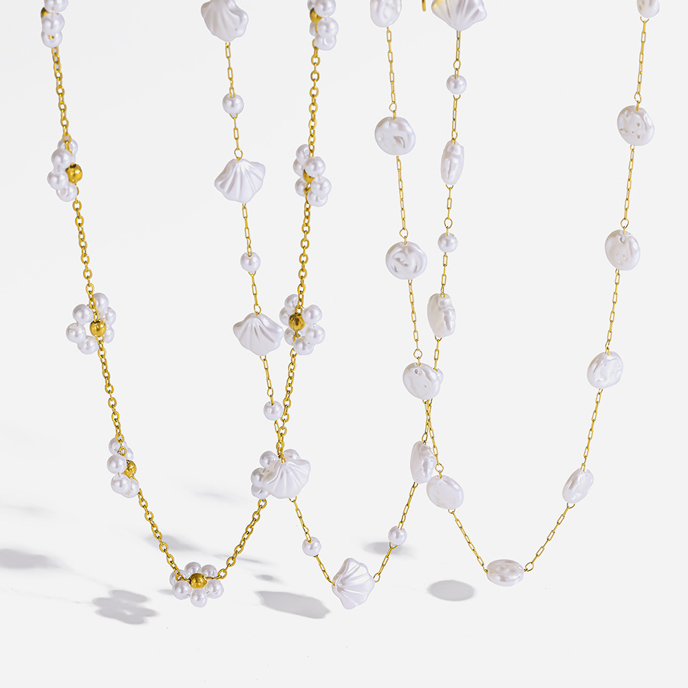 Colliers De Perles Pour Femmes En Acier Inoxydable, Imperméables, Couleur Or, Avec Fleurs Et Perles Artificielles Image5