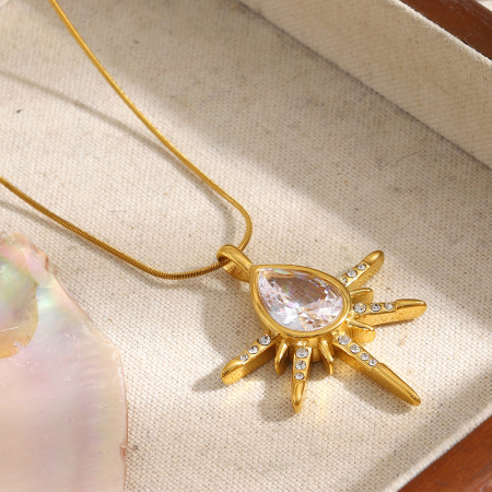 Colliers pendentifs pour femmes en acier inoxydable doré, forme soleil rétro, étanches, avec zircon. 2