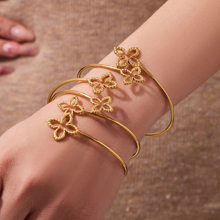 Bracelets manchettes pour femmes en acier inoxydable, étanches, couleur or, avec motif floral simple 2