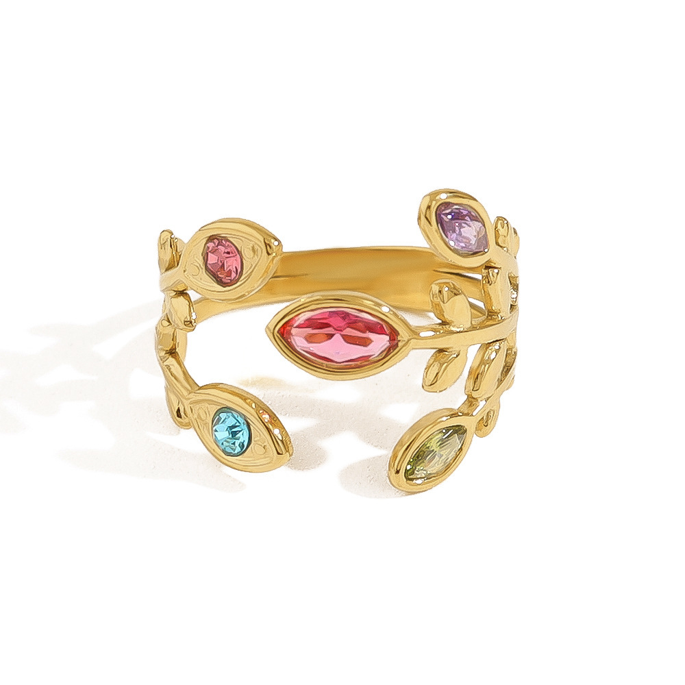 Bagues Pour Femmes En Acier Inoxydable Doré, Ornées De Zircon Et Serties De Fleurs Romantiques En Forme De Feuille. Image5