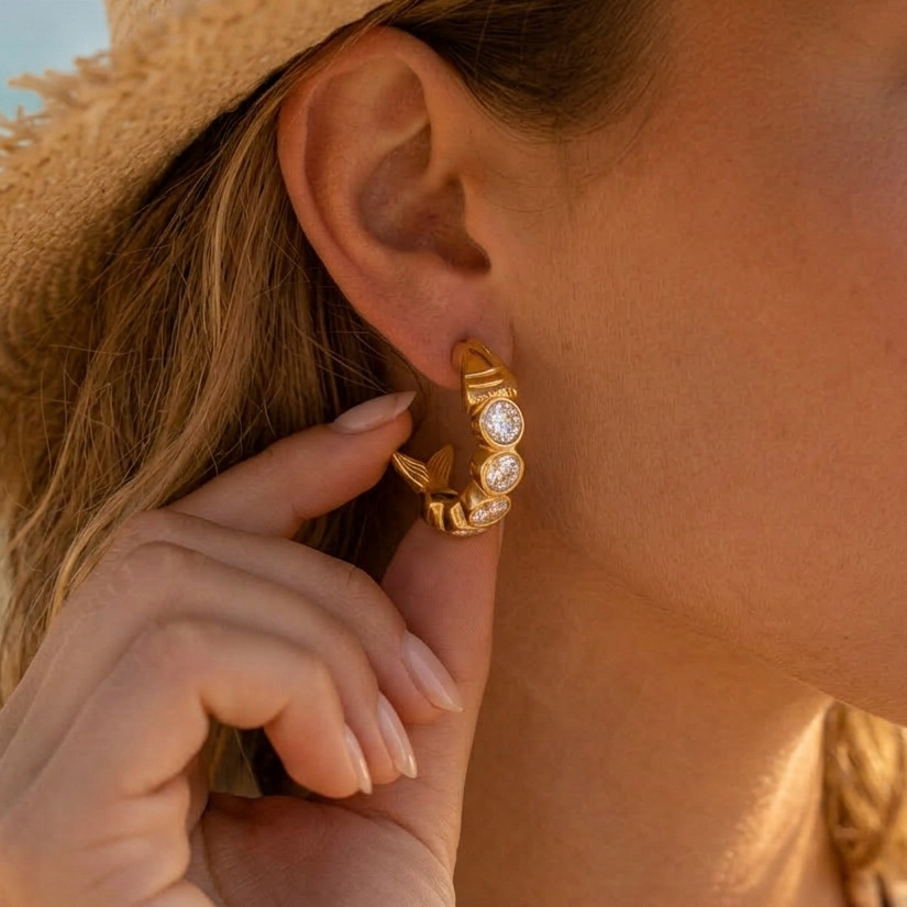 Boucles D'Oreilles Puces Pour Femmes En Acier Inoxydable, Forme Poisson, Couleur Or, Étanches, Avec Zircon. Image2