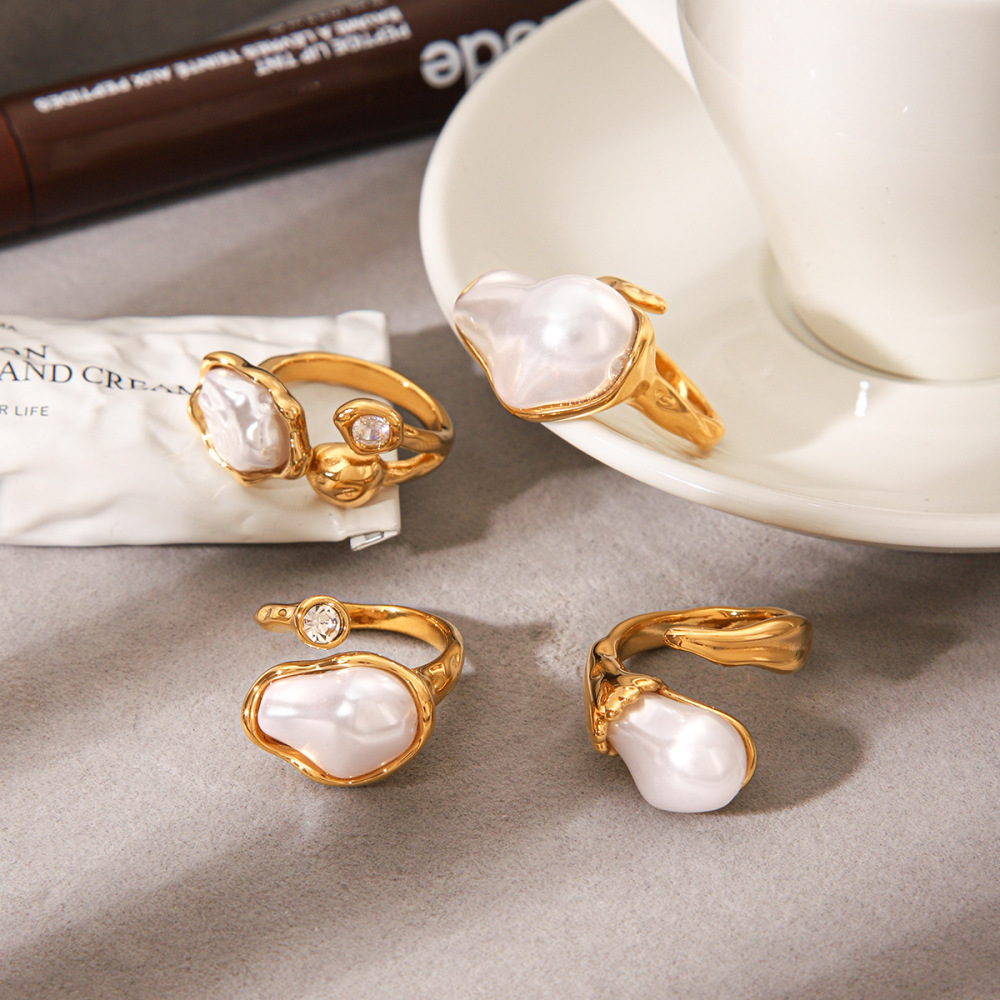 Bagues Pour Femmes En Acier Inoxydable De Forme Irrégulière Rétro, Étanches, Couleur Or, Zircon Et Perle. Image5
