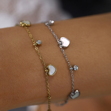 Bracelet à breloques pour femme en acier inoxydable doré avec cœur simple et coquillage en cristal
