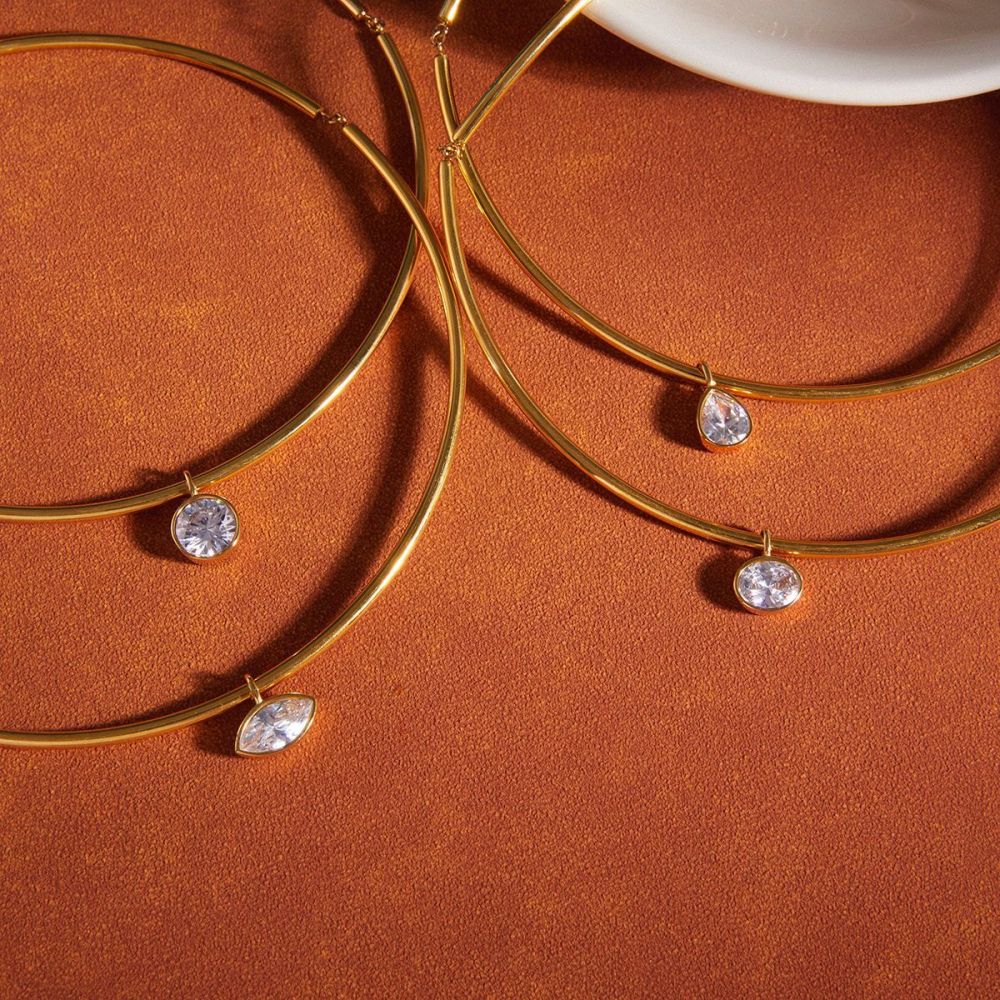 Colliers Pendentifs Pour Femmes En Acier Inoxydable, Étanches, Couleur Or, Avec Zircon Et Motif Goutte Simple h5Image2