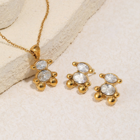 Ensembles de colliers pour femmes en acier inoxydable imperméable, en forme d'ourson mignon, couleur or et zircon.