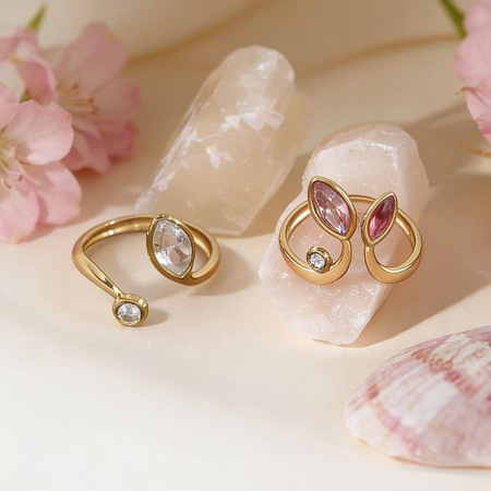 Bague pour femme en acier inoxydable étanche, forme elliptique simple, couleur or, sertie d'un zircon. 2