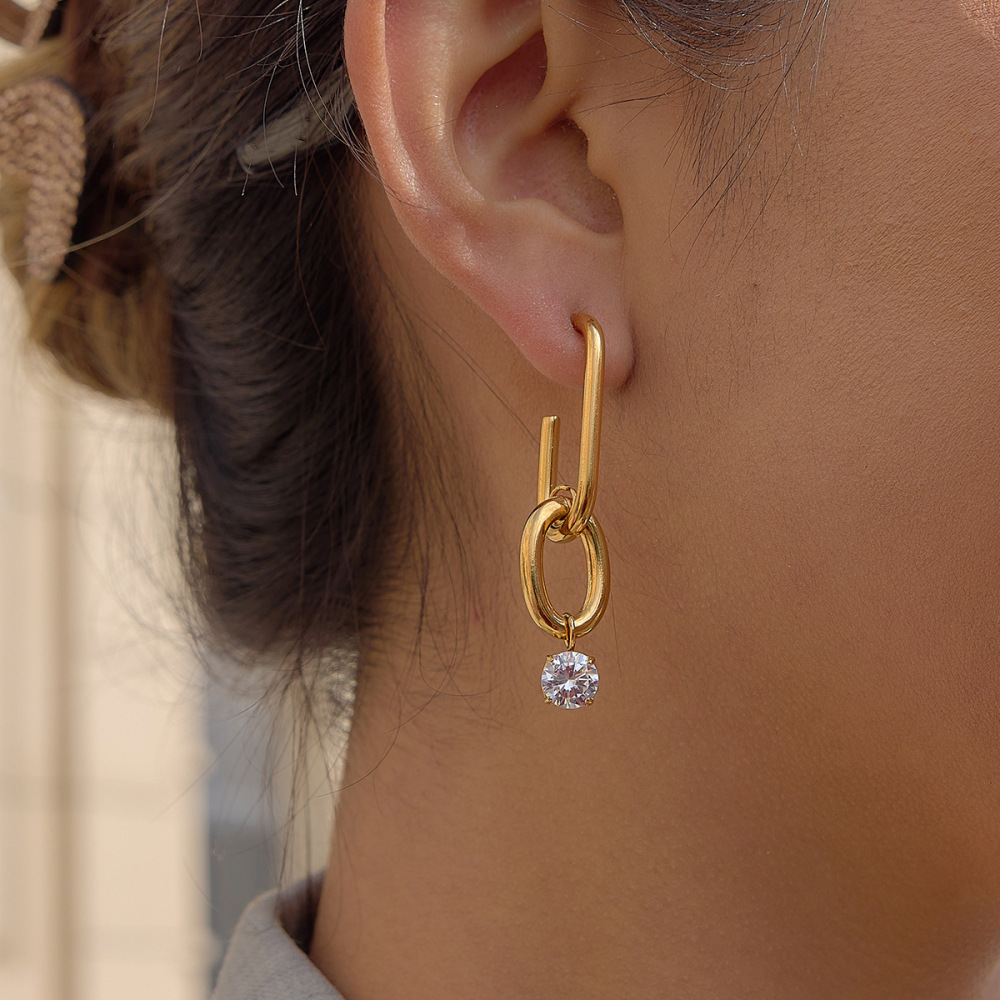 Boucles D'Oreilles Pendantes Pour Femme, Simples Et Rondes, En Acier Inoxydable, Étanches, Couleur Or, Avec Zircon. Image3