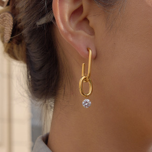 Boucles D'Oreilles Pendantes Pour Femme, Simples Et Rondes, En Acier Inoxydable, Étanches, Couleur Or, Avec Zircon. h5 Image3