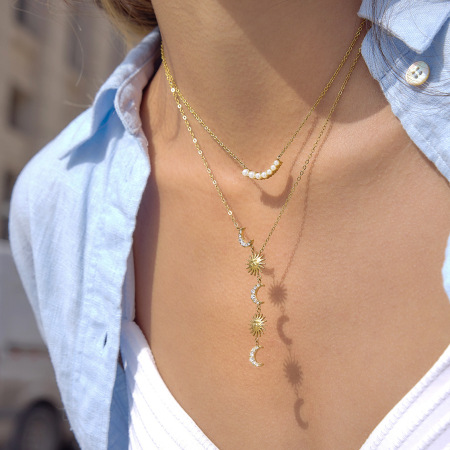Colliers pendentifs pour femmes en acier inoxydable étanche, forme Y, ornés de strass, représentant le soleil et la lune