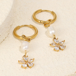 Boucles D'Oreilles Pendantes Pour Femme Sweet Flower En Acier Inoxydable Étanche Couleur Or Avec Zircon h5 Image4