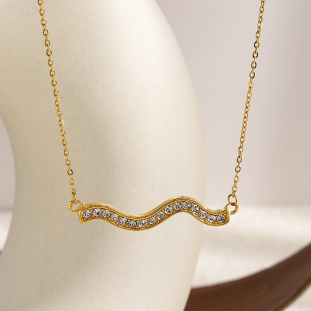 Colliers pendentifs pour femmes en acier inoxydable, étanches, couleur or, avec strass, forme ondulée simple
