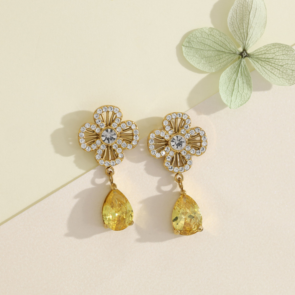 Boucles D'Oreilles Pendantes Élégantes Pour Femmes, En Acier Inoxydable, Étanches, Couleur Or, Ornées De Fleurs Et De Cristaux. Image4