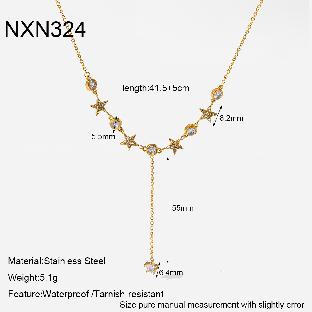 Collier Pendentif Femme Luxueux Et Élégant En Acier Inoxydable, Couleur Or, Avec Zircon Et Chaîne Étoile. 