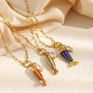 Colliers Pendentifs Pour Femmes En Acier Inoxydable, Couleur Or, En Forme De Poisson Émaillé, Pour Les Vacances h5 Image3